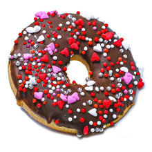 Load image into Gallery viewer, PAWFECT DOGGY DONUTS topped with chocolate icing and colorful heart sprinkles, ideal for dog treats.