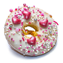 Load image into Gallery viewer, PAWFECT DOGGY DONUTS decorated with pink and silver sprinkles, safe treat for dogs, individually wrapped.