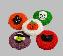 Load image into Gallery viewer, HALLOWEEN DOGGY COOKIES in spooky designs featuring a pumpkin, skeleton, witch, and bat decorations.
