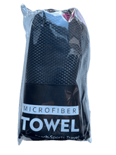 Load image into Gallery viewer, MICROFIBRE PET TRAVEL TOWELS - 60CM X 122CM packaged in a compact bag, black color, perfect for beach and travel.