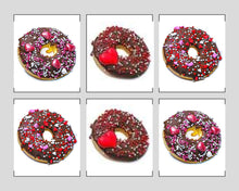 Load image into Gallery viewer, PAWFECT DOGGY DONUTS featuring six colorful donuts with chocolate icing and heart-shaped sprinkles.