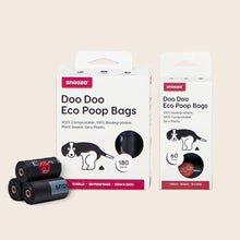 Load image into Gallery viewer, Snooza Doo Doo Eco Poop Bags packaging with black bags on a beige background