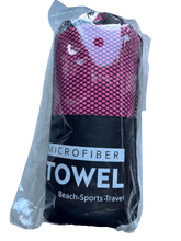 Load image into Gallery viewer, MICROFIBRE PET TRAVEL TOWELS - 60CM X 122CM in a compact pink roll, perfect for beach, gym, and travel.