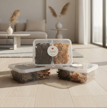 Load image into Gallery viewer, Three clear plastic containers with pet treats labeled 'My Happy Pet Variety Pack' on a minimalistic apartment background.