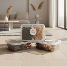Load image into Gallery viewer, VARIETY PACK - DEHYDRATED DOG TREATS Three clear plastic containers with pet treats labeled 'My Happy Pet Variety Pack' on a minimalistic apartment background.