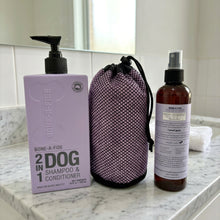 Load image into Gallery viewer, Dog bath bundle featuring 2-in-1 dog shampoo, conditioner, drying towel, and refreshing spray.