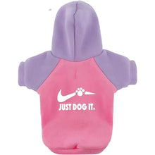 Load image into Gallery viewer, Pink and purple dog hoodie with 'Just Dog It' text on a white background