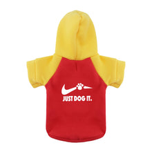 Load image into Gallery viewer, Red and yellow dog hoodie with 'Just Dog It' text on a white background