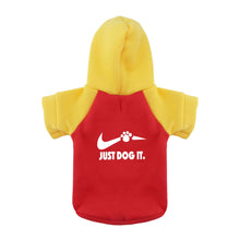 Load image into Gallery viewer, Red and yellow dog hoodie with 'Just Dog It' text on a white background