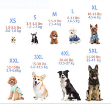 Load image into Gallery viewer, Size chart for dog products with various dog breeds and weight ranges.