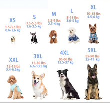 Load image into Gallery viewer, Size chart for dog products with various dog breeds and weight ranges.