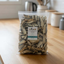 Load image into Gallery viewer, A clear plastic bag filled with small dehydrated sardines for pets, featuring a white label that reads 'Aussie Dehydrated Sardines' and 'MY HAPPY PET ONLINE'.