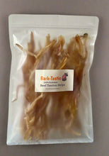 Load image into Gallery viewer, BARK-TASTIC BEEF TENDON STRIPS - Small Dogs, 100% Australian beef tendon in a clear package.
