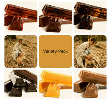 Load image into Gallery viewer, Dental chews for dogs variety pack with assorted flavors and a person enjoying time with dogs outdoors.