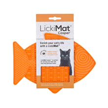 Load image into Gallery viewer, LICKIMAT CASPER CAT in vibrant orange color, featured with packaging highlighting its use for serving wet food and treats.