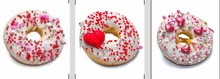 Load image into Gallery viewer, PAWFECT DOGGY DONUTS - colorful, festive dog treats with sprinkles and heart shapes.