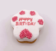 Load image into Gallery viewer, BIRTHDAY PAW PRINT CAKE featuring a paw-shaped design with pink decorations and 'Happy BIRTHDAY' text on top.