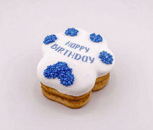Load image into Gallery viewer, Birthday Paw Print Cake with blue decoration and icing saying 'Happy Birthday' for pets