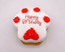 Load image into Gallery viewer, Birthday Paw Print Cake featuring red decorations and 'Happy Birthday' message for pets.
