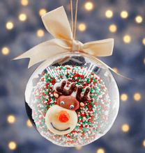 Load image into Gallery viewer, CHRISTMAS TREE BAUBLE with festive reindeer design and colorful sprinkles, perfect for holiday dog treats.