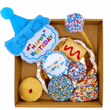 Load image into Gallery viewer, ULTIMATE BIRTHDAY PACK with BONUS SUNGLASSES featuring various dog treats and a birthday hat.