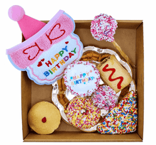 Load image into Gallery viewer, ULTIMATE BIRTHDAY PACK with BONUS SUNGLASSES including colorful treats and a party hat.