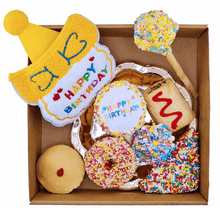 Load image into Gallery viewer, ULTIMATE BIRTHDAY PACK with BONUS SUNGLASSES featuring dog treats and a birthday hat.