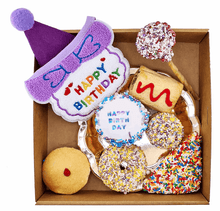 Load image into Gallery viewer, ULTIMATE BIRTHDAY PACK with BONUS SUNGLASSES featuring dog treats and a birthday hat.