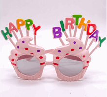 Load image into Gallery viewer, HAPPY BIRTHDAY PUPGLASSES in pink cupcake design with colorful letters for dog's birthday celebration.
