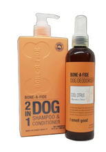 Load image into Gallery viewer, Two pet care products from Bone-A-Fide on a blurred natural background