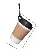 Load image into Gallery viewer, coffee cup dog poo bag dispenser hanging with dimensions 8 x 5 x 3.8 cm for easy pet waste pickup