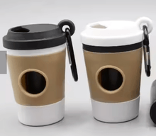 Load image into Gallery viewer, Coffee cup dog poo bag dispenser in black and beige; lightweight and portable for dog walks.