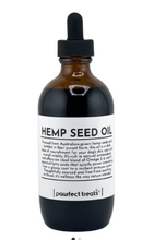 Load image into Gallery viewer, Bottle of hemp seed oil with a dropper labeled 'pawfect treats' on a white background
