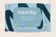 Load image into Gallery viewer, A package of Squeaky Pet Probiotic Pet Wipes, featuring a light blue and dark navy patterned wrapper with a central label that reads 'Fresh & Zesty' and '20 Wipes'.