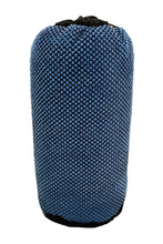 Load image into Gallery viewer, A blue textured cylindrical pouch or bag with a black top and bottom trim, standing upright on a white surface against a plain light background.
