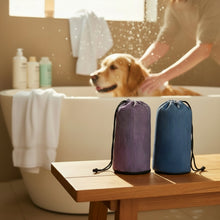 Load image into Gallery viewer, Two mesh drawstring storage pouches side by side, one in purple and one in blue, with black mesh trim and black drawstrings, on a plain off-white background.
