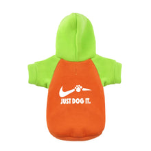 Load image into Gallery viewer, Pet hoodie with green hood and orange body featuring a Nike logo and 'Just Dog It.' text on a white background.
