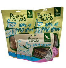 Load image into Gallery viewer, Three bags of Pawfect Treats dog snacks arranged together on a white surface against a white wall. The set includes two large yellow bags labeled 'Love at First Sniff' and one smaller beige bag labeled the same
