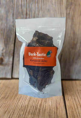 Bark-Tastic Kangaroo Jerky 100% Australian. Available in small and large pieces to suit your dog from www.myhappypet.com.au