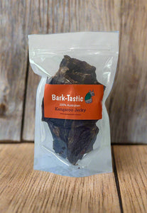 Bark-Tastic Kangaroo Jerky 100% Australian. Available in small and large pieces to suit your dog from www.myhappypet.com.au