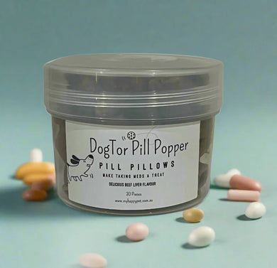 Dogtor Pill Popper's Pill Pillows make taking meds a treat! Beef Liver flavour from MY HAPPY PET ONLINE