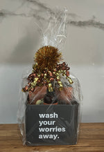 Load image into Gallery viewer, Metal bucket containing dog shampoo and conditioner and deodoriser with a collagen chew and 2 hemp cookies
