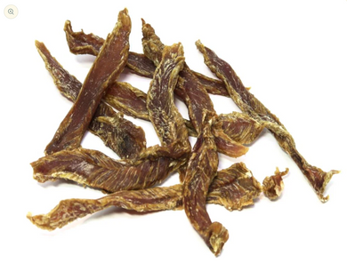 Dehydrated  Aussie Duck Jerky on a white background from My Happy Pet Online