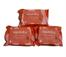 Load image into Gallery viewer, Three packages of Squeaky Probiotic Pet Wipes arranged in a pyramid on a plain white background. The packages are orange and pink, with white text and labels indicating they contain 20 wipes each.
