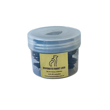 Load image into Gallery viewer, A clear plastic tub of 'Dehydrated Rabbit Liver' pet treats by 'The Pet Pantry Collection', featuring a gold label with a black cat and dog outline, set against a plain light background.
