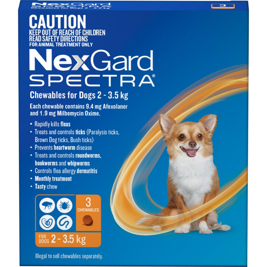 NexGard Spectra chewables for dogs 2-3.5kg available in pack of 3 from MY HAPPY PET ONLINE $79.95 with FREE SHIPPING